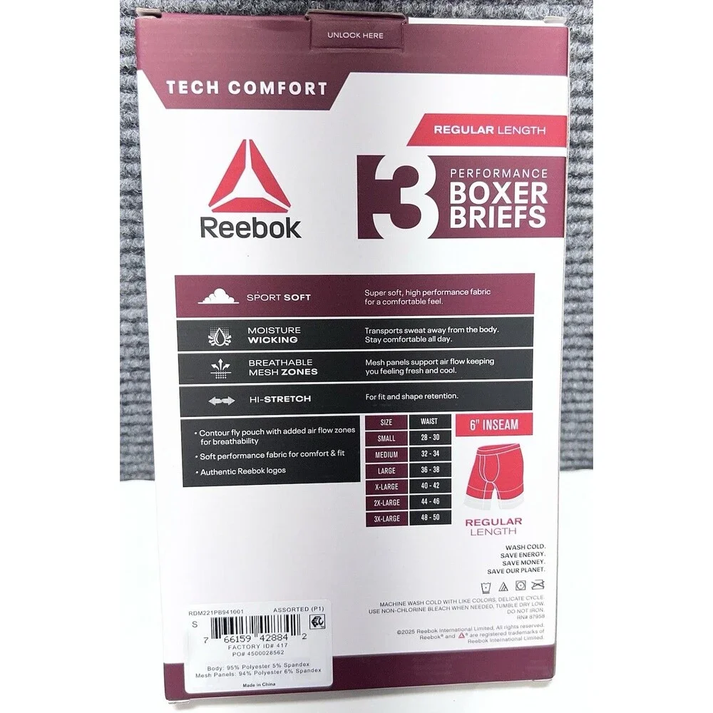 Reebok Men's Performance Boxer Briefs 3-Pack – Tech Comfort – Size Small – New